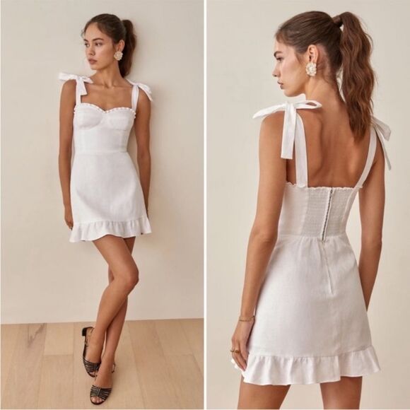 Reformation Desiree Linen Mini White Dress Size 0 8 - Picture 1 of 8